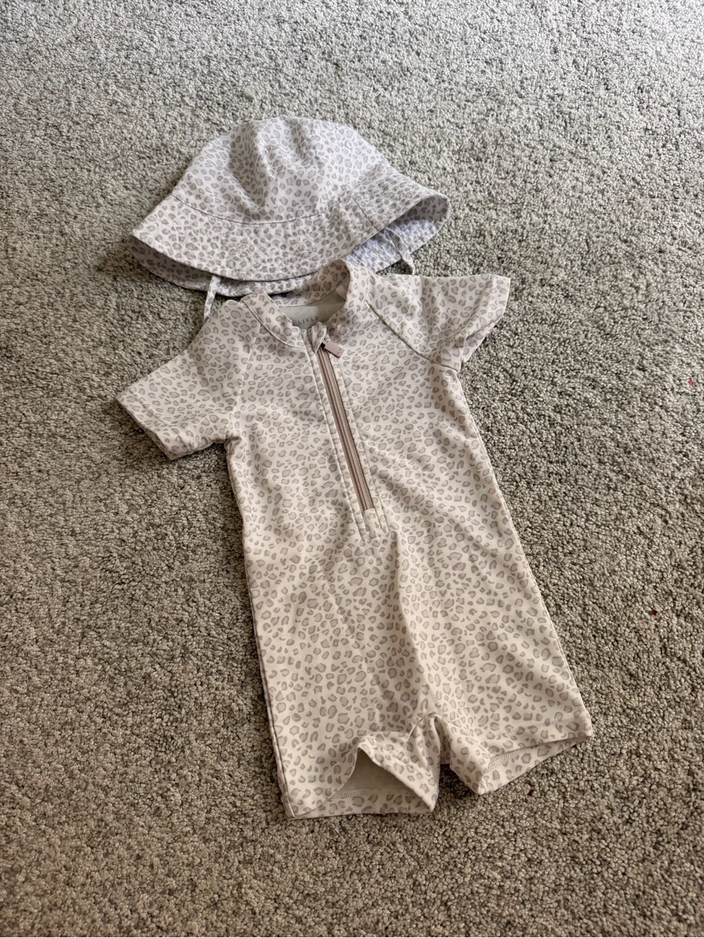 Livly Kids Short-Sleeve One-Piece Swimsuit in Light Beige Leopard Print and hap